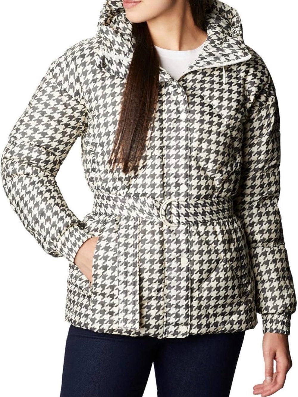 Columbia Icy Heights Belted Jacket Chalk Houndstooth NWT Insulated Down Puffer